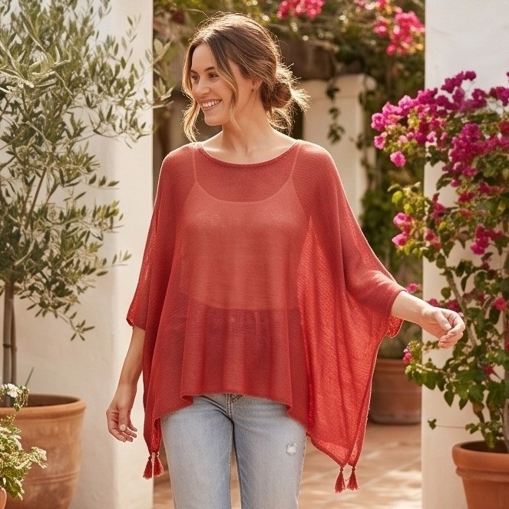 Johnny Was Calme XS/S Linen Poncho Sweater‎ Rust Red Tassel Oversize NWT $198